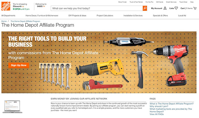 Home Depot Affiliate Program main page